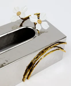 Inspire Me! Home Decor Silver Tissue Box Cover With White Jeweled Flower Details