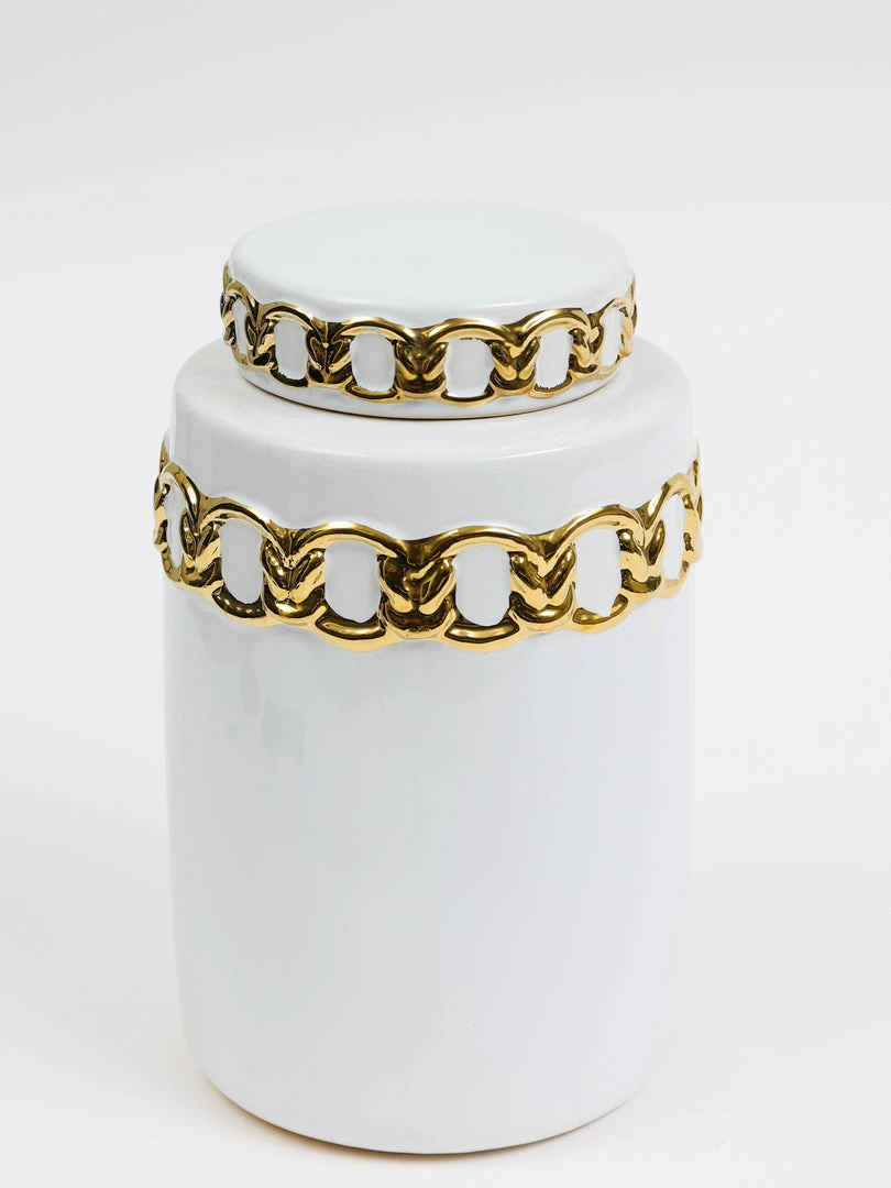 Inspire Me! Home Decor Jars White Ceramic Lidded Jar With Stunning Gold Chain Details (3 Sizes) 6 Inspire Me! Home Decor Jars White Ceramic Lidded Jar With Stunning Gold Chain Details (3 Sizes)