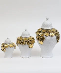 Inspire Me! Home Decor White Textured Ginger Jar With Gold Floral Design (3 Sizes)