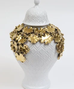 Inspire Me! Home Decor White Textured Ginger Jar With Gold Floral Design (3 Sizes)