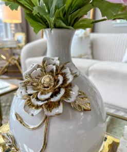 Inspire Me! Home Decor White Ceramic Vase With Gold Textured Flower Design