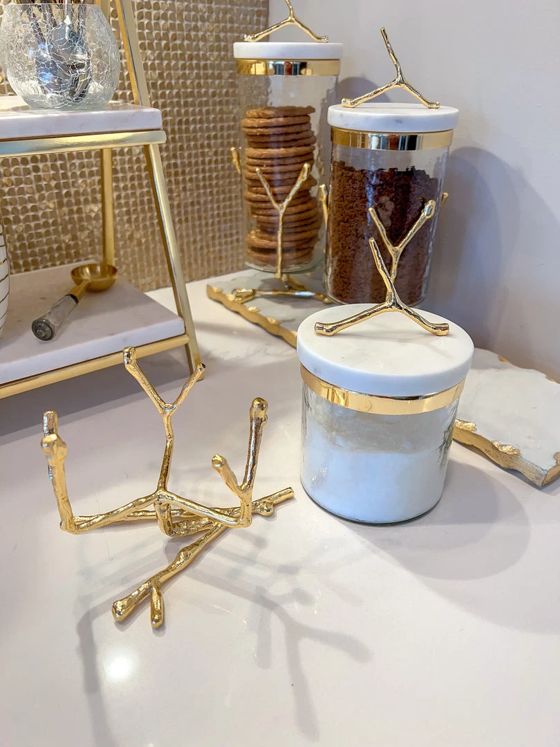 Inspire Me! Home Decor Glass Canister On Gold Twig Base With Marble Lid (3 Sizes) 4 Inspire Me! Home Decor Glass Canister On Gold Twig Base With Marble Lid (3 Sizes)