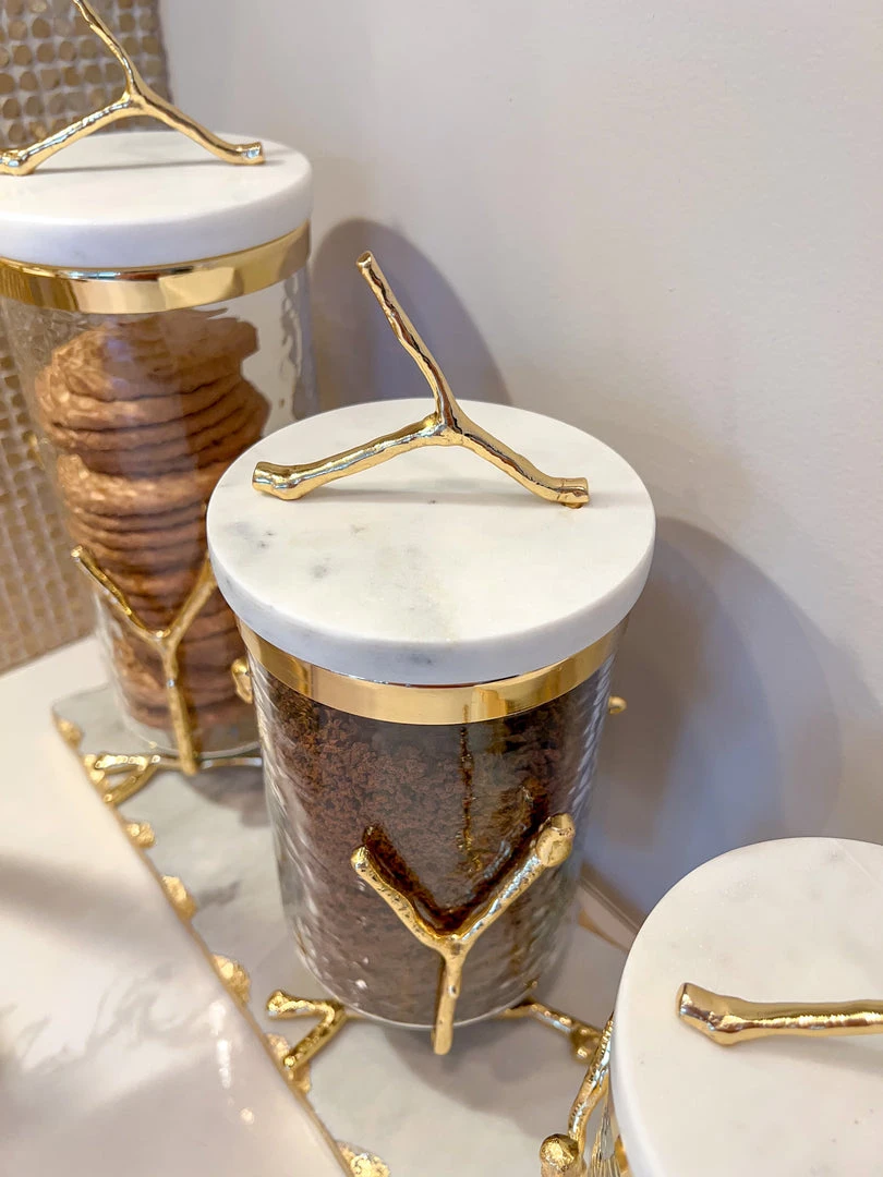 Inspire Me! Home Decor Glass Canister On Gold Twig Base With Marble Lid (3 Sizes) 7 Inspire Me! Home Decor Glass Canister On Gold Twig Base With Marble Lid (3 Sizes)