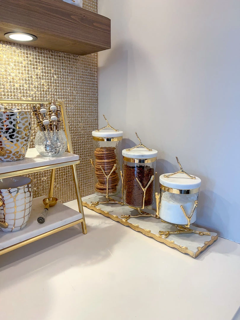 Inspire Me! Home Decor Glass Canister On Gold Twig Base With Marble Lid (3 Sizes) 8 Inspire Me! Home Decor Glass Canister On Gold Twig Base With Marble Lid (3 Sizes)