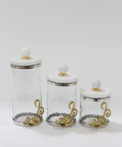 Inspire Me! Home Decor Gold Or Silver Metal Floral Glass Canisters With Marble Lid-With Metal Rim (3 Sizes) (2 Colors)