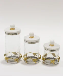 Inspire Me! Home Decor Gold Or Silver Metal Leaf Branch W/ Marble Ball Lid Canisters- With Metal Rim (3 Sizes & 2 Colors)