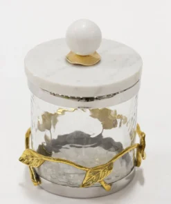Inspire Me! Home Decor Gold Or Silver Metal Leaf Branch W/ Marble Ball Lid Canisters- With Metal Rim (3 Sizes & 2 Colors)