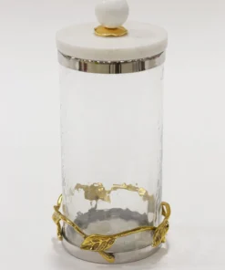 Inspire Me! Home Decor Gold Or Silver Metal Leaf Branch W/ Marble Ball Lid Canisters- With Metal Rim (3 Sizes & 2 Colors)