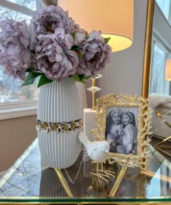 Inspire Me! Home Decor White Linear Ceramic Vase With Gold Floral Detail