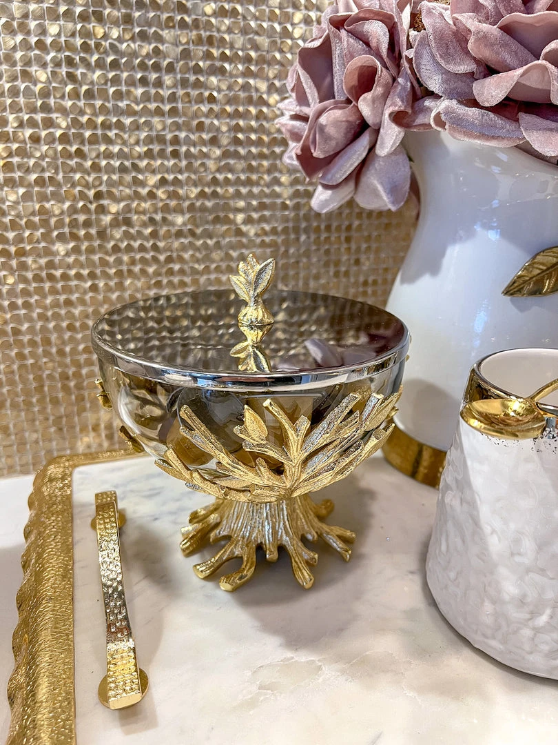 Inspire Me! Home Decor Glass Bowl On Gold Metal Branch Base With Lid 3 Inspire Me! Home Decor Glass Bowl On Gold Metal Branch Base With Lid