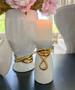 Inspire Me! Home Decor White Ceramic Candle Holder With Gold Elegant Details (2 Sizes)