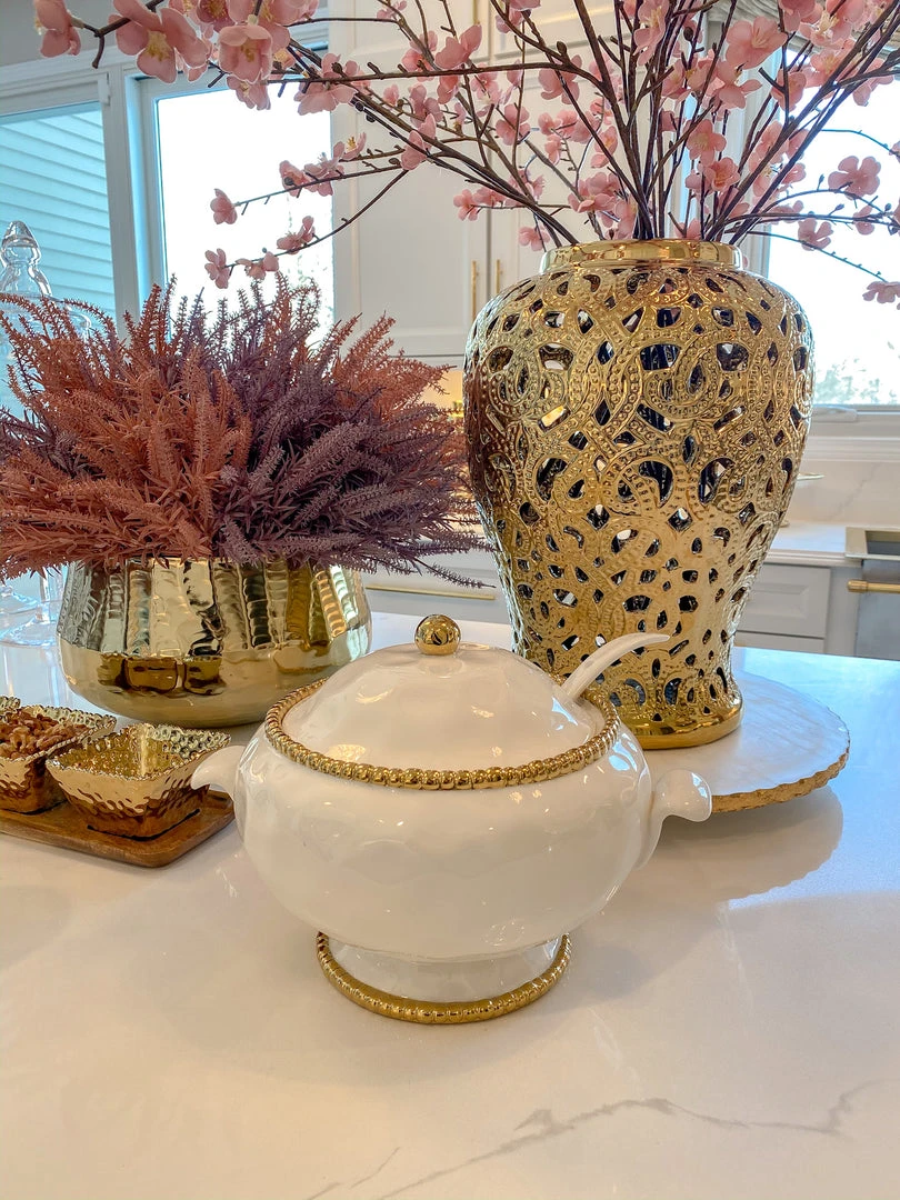 Inspire Me! Home Decor Gold And White Beaded Soup Tureen & Ladle 3 Inspire Me! Home Decor Gold And White Beaded Soup Tureen & Ladle