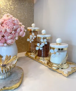 Inspire Me! Home Decor Small Rectangular Marble Tray With White Jeweled Flower Details