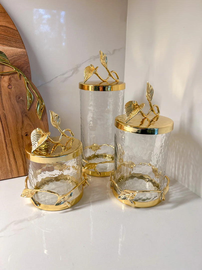 Inspire Me! Home Decor Hammered Glass Canister With Gold Leaf Lid (3 Sizes) 5 Inspire Me! Home Decor Hammered Glass Canister With Gold Leaf Lid (3 Sizes)