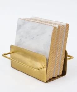 Inspire Me! Home Decor Square Marble Coasters With Gold Edge & Gold Metal Holder