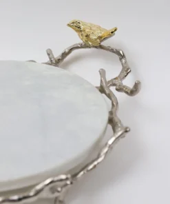 Inspire Me! Home Decor Round Marble Tray With Gold Branch & Bird Details