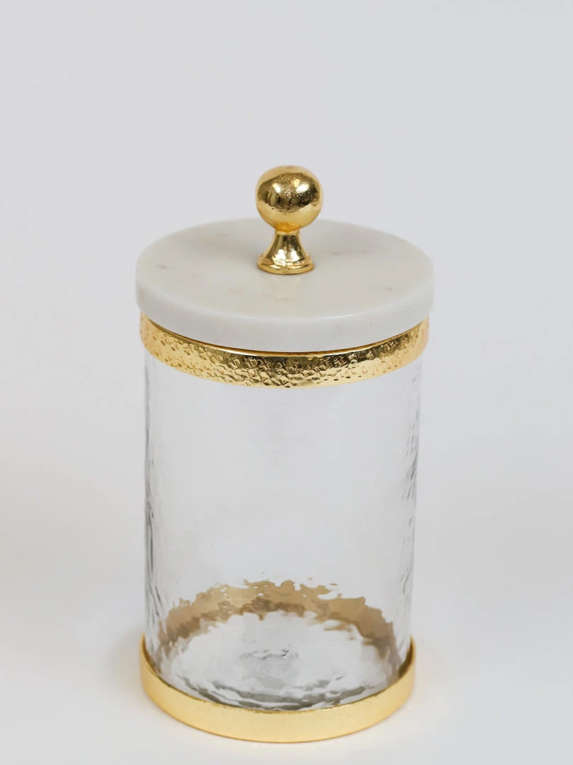 Inspire Me! Home Decor Gold Textured Rim Canisters W/ Marble Lid (3 Sizes) 6 Inspire Me! Home Decor Gold Textured Rim Canisters W/ Marble Lid (3 Sizes)