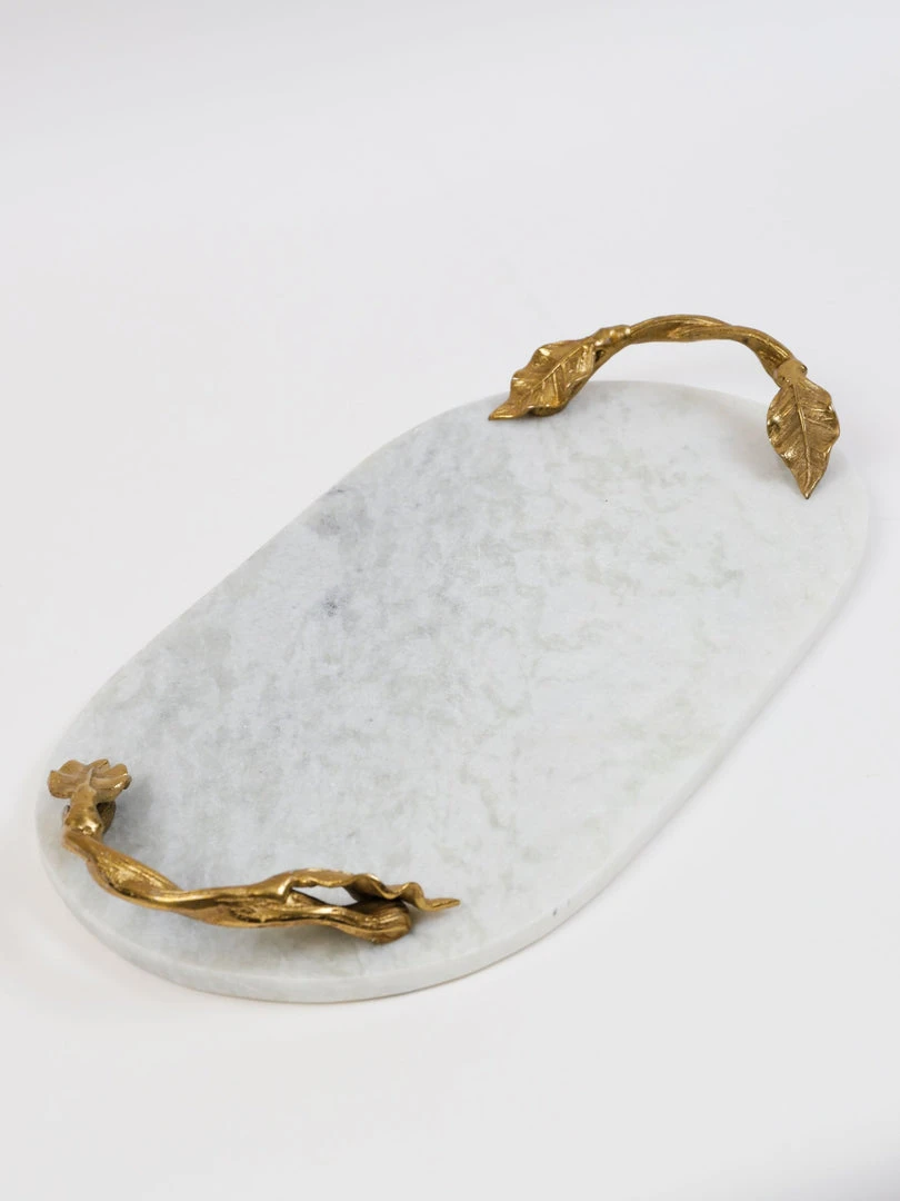 Inspire Me! Home Decor White Marble Tray With Gold Leaf Handles 4 Inspire Me! Home Decor White Marble Tray With Gold Leaf Handles