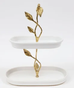 Inspire Me! Home Decor White Ceramic Two Tier Cake Stand With Gold Leaf Details