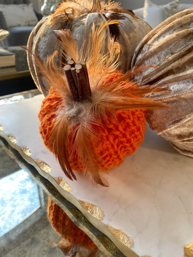 Inspire Me! Home Decor SEASONAL Orange Crochet Pumpkin With Feathers And Wood Stem 3 Inspire Me! Home Decor SEASONAL Orange Crochet Pumpkin With Feathers And Wood Stem