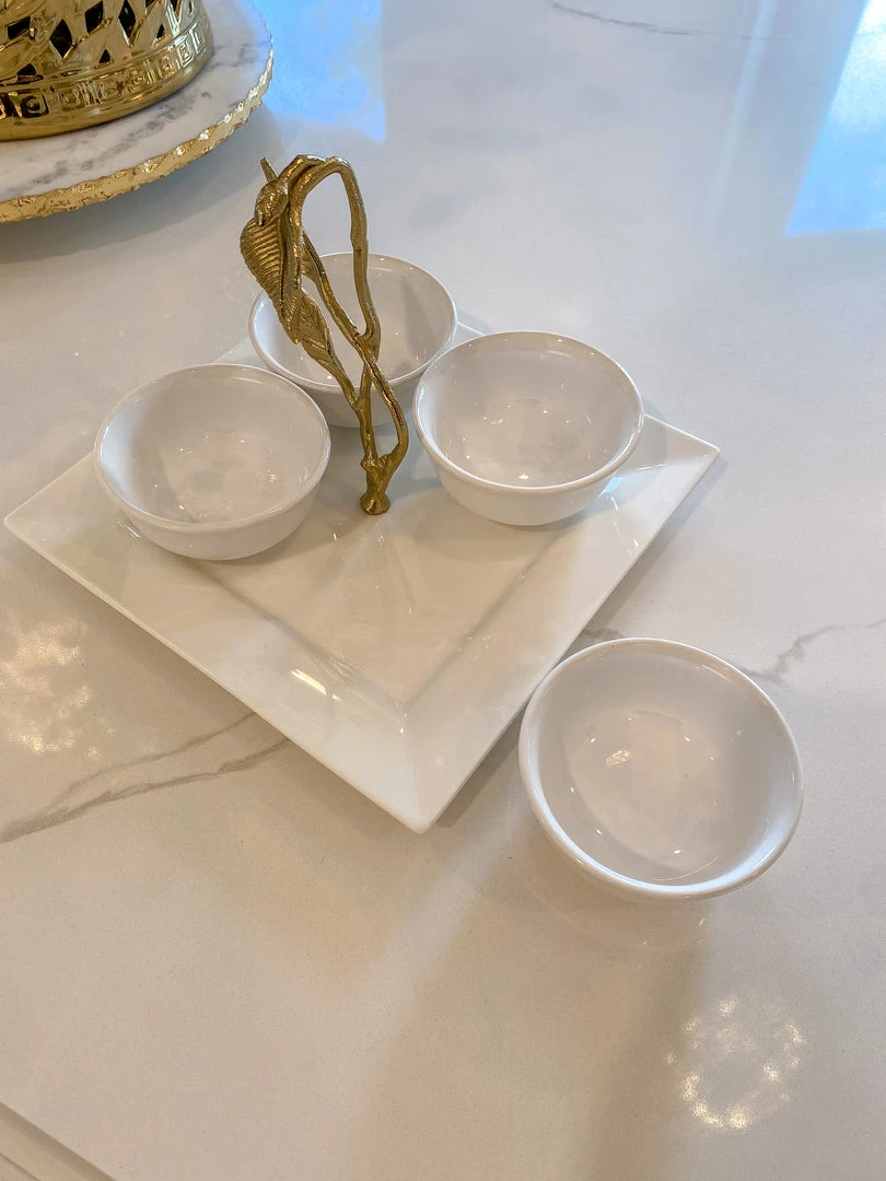 Inspire Me! Home Decor White Ceramic Serving Tray With 4 Bowls And Gold Leaf 5 Inspire Me! Home Decor White Ceramic Serving Tray With 4 Bowls And Gold Leaf