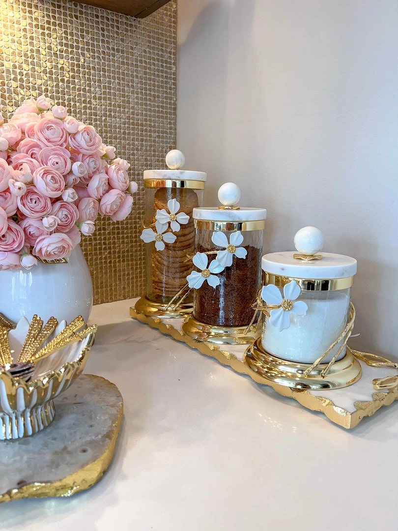 Inspire Me! Home Decor Hammered Glass Canister With White Jeweled Flower Details (3 Sizes) Gold 3 Inspire Me! Home Decor Hammered Glass Canister With White Jeweled Flower Details (3 Sizes) Gold