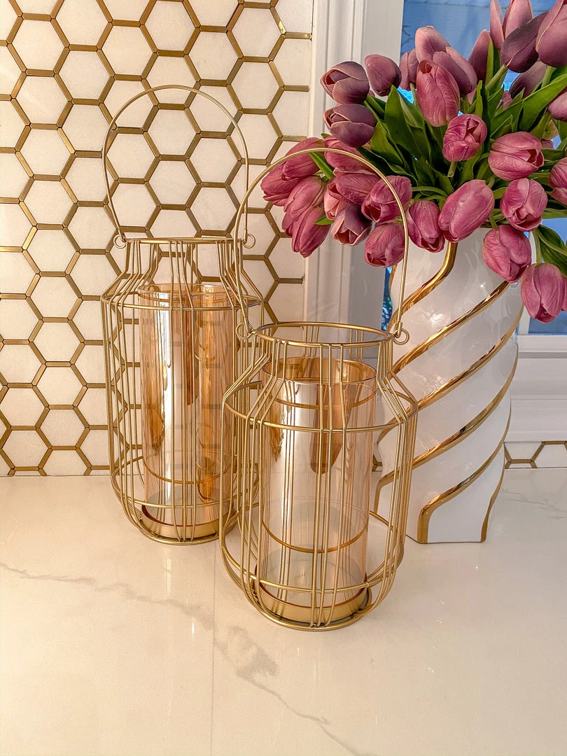 Inspire Me! Home Decor Gold Lantern W/ Amber Glass 4 Inspire Me! Home Decor Gold Lantern W/ Amber Glass