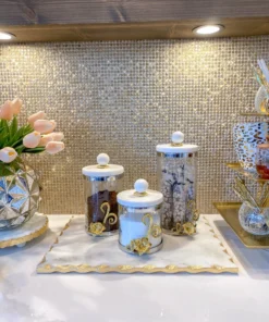 Inspire Me! Home Decor Gold Or Silver Metal Floral Glass Canisters With Marble Lid-With Metal Rim (3 Sizes) (2 Colors)