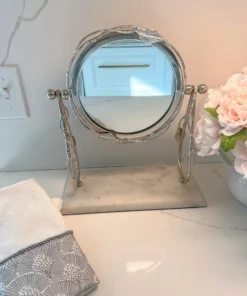 Inspire Me! Home Decor Round Table Mirror With Leaf Design Border And Marble Base (2 Colors) Gold