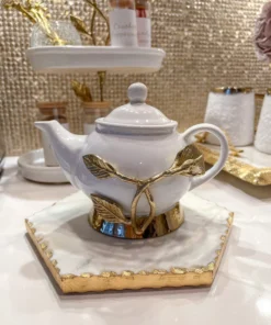 Inspire Me! Home Decor White And Gold Ceramic Tea Pot With Gold Leaf Design