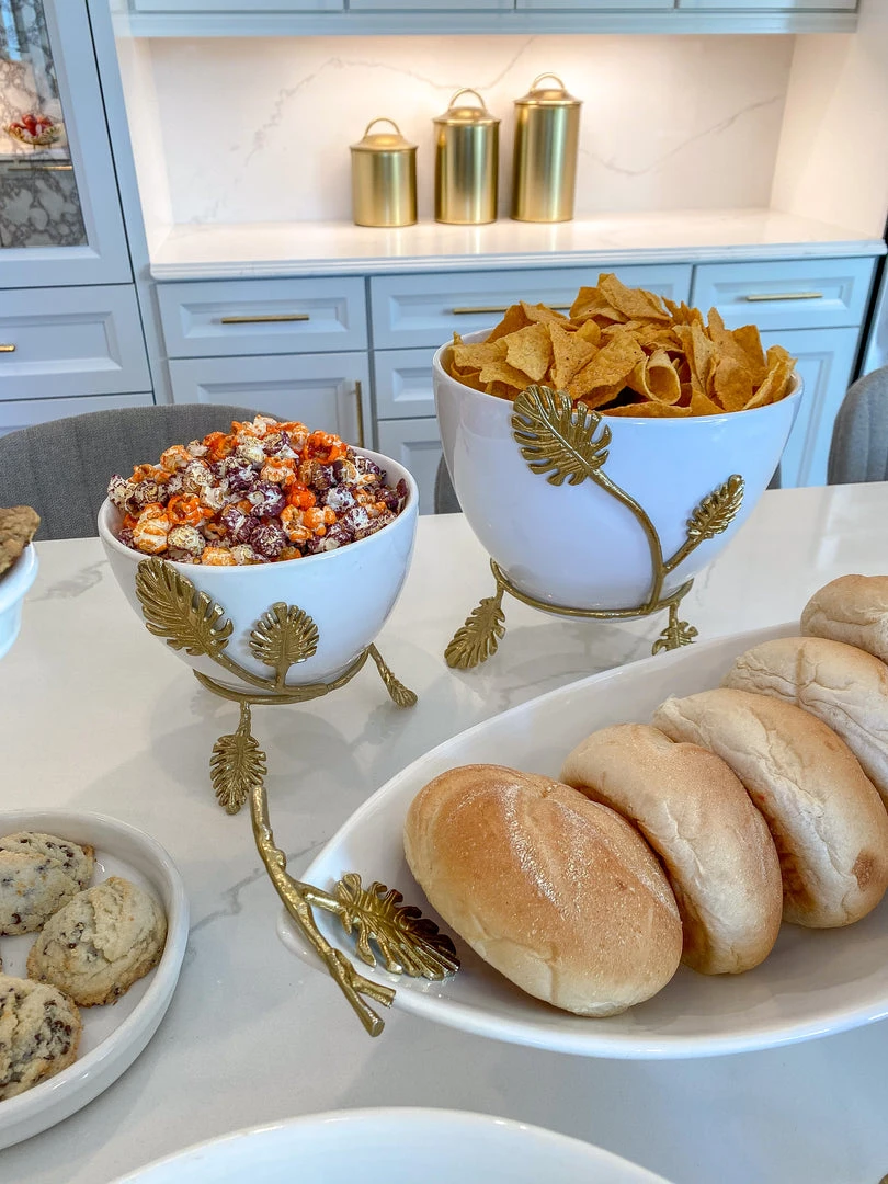 Inspire Me! Home Decor White Ceramic Bowl With Gold Leaf Details (2 Sizes) 3 Inspire Me! Home Decor White Ceramic Bowl With Gold Leaf Details (2 Sizes)