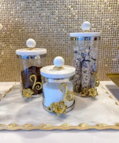 Inspire Me! Home Decor Gold Or Silver Metal Floral Glass Canisters With Marble Lid-With Metal Rim (3 Sizes) (2 Colors)