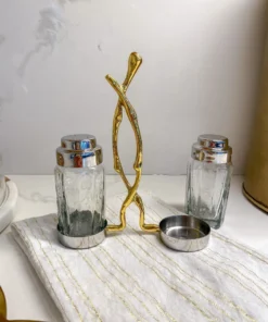 Inspire Me! Home Decor Glass Salt & Pepper Shakers W/ Gold Metal Branch Holder