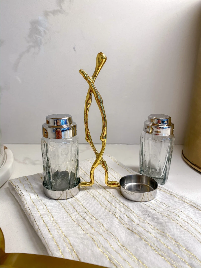Inspire Me! Home Decor Glass Salt & Pepper Shakers W/ Gold Metal Branch Holder 4 Inspire Me! Home Decor Glass Salt & Pepper Shakers W/ Gold Metal Branch Holder