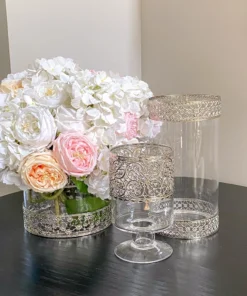 Inspire Me! Home Decor Wide Glass Vase W/ Ornate Silver Metal Rims
