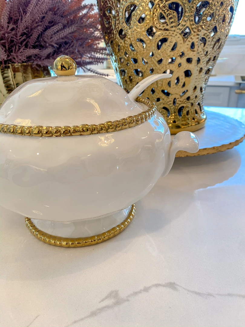 Inspire Me! Home Decor Gold And White Beaded Soup Tureen & Ladle 4 Inspire Me! Home Decor Gold And White Beaded Soup Tureen & Ladle