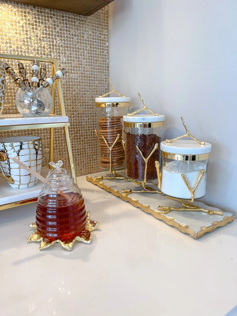 Inspire Me! Home Decor Glass Canister On Gold Twig Base With Marble Lid (3 Sizes) 3 Inspire Me! Home Decor Glass Canister On Gold Twig Base With Marble Lid (3 Sizes)