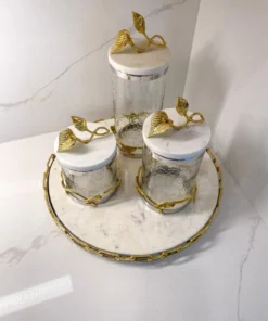 Inspire Me! Home Decor Marble And Gold Metal Leaf Branch Canisters- With Metal Rim (3 Sizes)