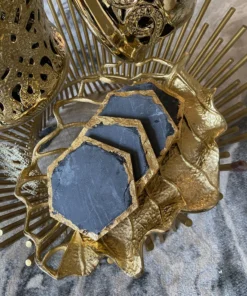 Inspire Me! Home Decor Charcoal Grey Marble Hexagon Coasters W/ Gold Edge