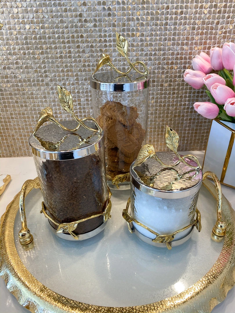 Inspire Me! Home Decor Hammered Glass Canister W/ Gold Leaf Lid (3 Sizes) 6 Inspire Me! Home Decor Hammered Glass Canister W/ Gold Leaf Lid (3 Sizes)