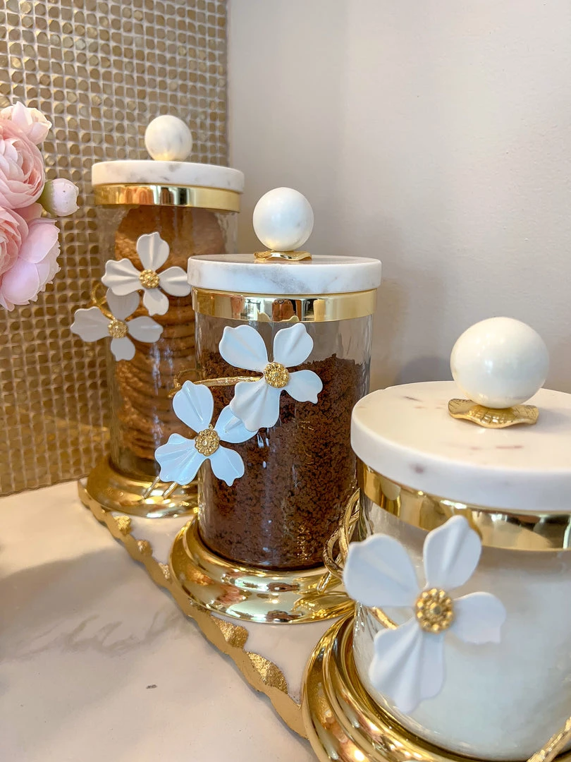 Inspire Me! Home Decor Hammered Glass Canister With White Jeweled Flower Details (3 Sizes) Gold 8 Inspire Me! Home Decor Hammered Glass Canister With White Jeweled Flower Details (3 Sizes) Gold