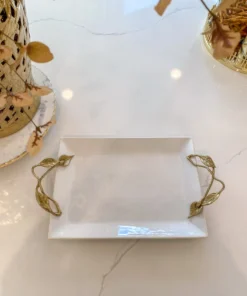 Inspire Me! Home Decor White Ceramic Tray With Gold Leaf Handles
