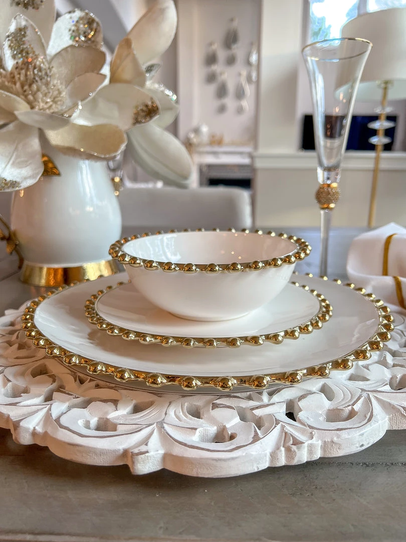 Inspire Me! Home Decor White And Gold Beaded Dinner Set 8 Inspire Me! Home Decor White And Gold Beaded Dinner Set