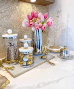 Inspire Me! Home Decor Gold Or Silver Metal Leaf Branch W/ Marble Ball Lid Canisters- With Metal Rim (3 Sizes & 2 Colors)