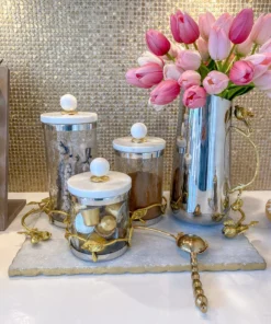 Inspire Me! Home Decor Gold Or Silver Metal Leaf Branch W/ Marble Ball Lid Canisters- With Metal Rim (3 Sizes & 2 Colors)
