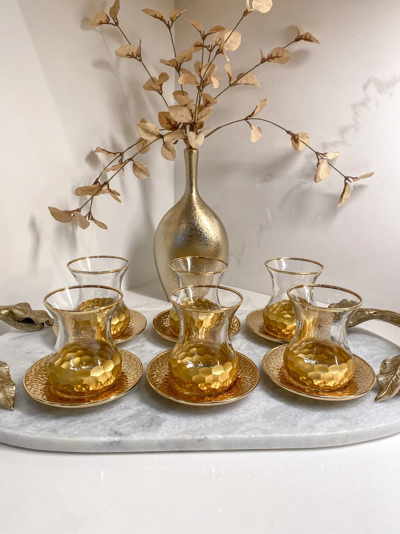 Inspire Me! Home Decor Glass Teacup Set With Gold Hammered Texture (Set Of 6) 3 Inspire Me! Home Decor Glass Teacup Set With Gold Hammered Texture (Set Of 6)