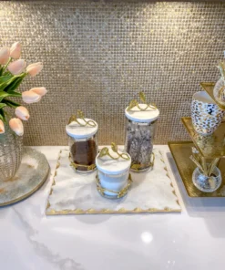 Inspire Me! Home Decor Marble And Gold Metal Leaf Branch Canisters- With Metal Rim (3 Sizes)