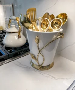 Inspire Me! Home Decor White Ceramic Utensil Holder With Gold Leaf Details & Base
