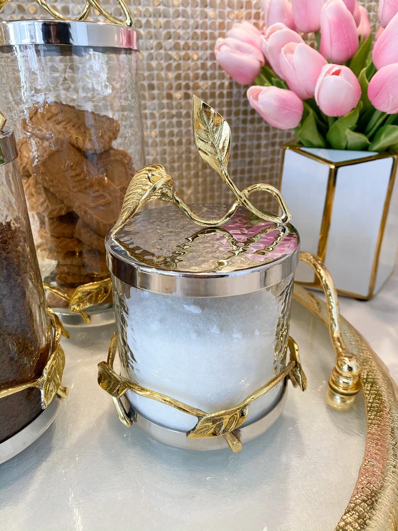 Inspire Me! Home Decor Hammered Glass Canister W/ Gold Leaf Lid (3 Sizes) 4 Inspire Me! Home Decor Hammered Glass Canister W/ Gold Leaf Lid (3 Sizes)