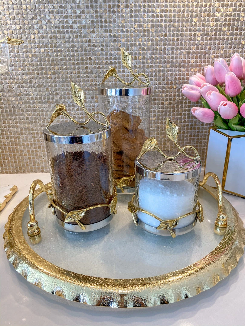 Inspire Me! Home Decor Hammered Glass Canister W/ Gold Leaf Lid (3 Sizes) 3 Inspire Me! Home Decor Hammered Glass Canister W/ Gold Leaf Lid (3 Sizes)